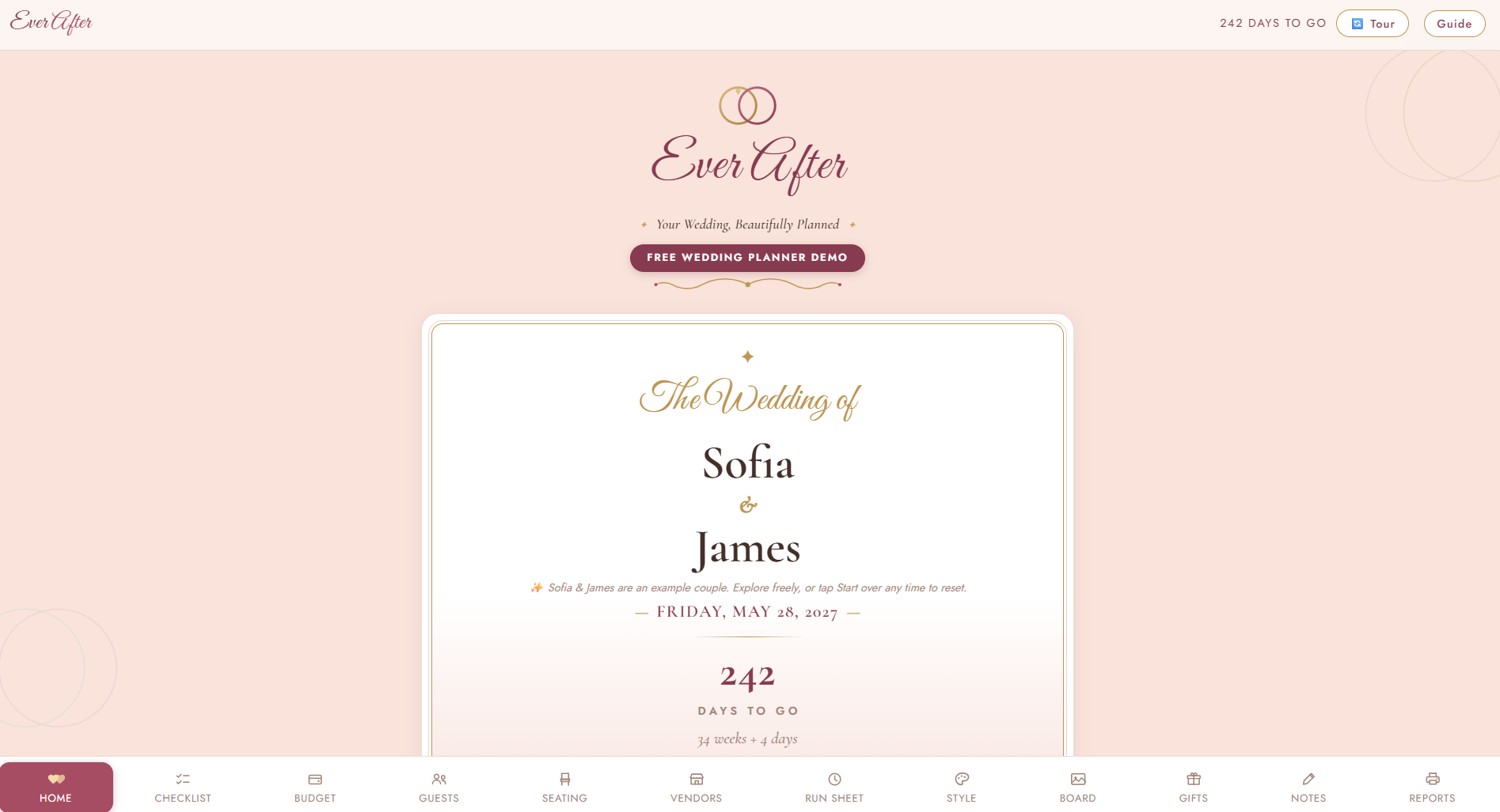 The Ever After Home screen for Sofia and James: their wedding on Friday, May 28, 2027, 242 days to go, with every planner tab along the bottom