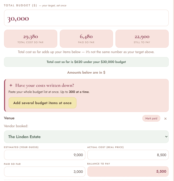 The Ever After Budget: total budget 30,000, total cost so far 29,380, paid so far 6,480, still to pay 22,900, and the Venue item with Vendor booked: The Linden Estate, estimated 9,000, actual cost 8,500, paid so far 3,000, balance to pay 5,500