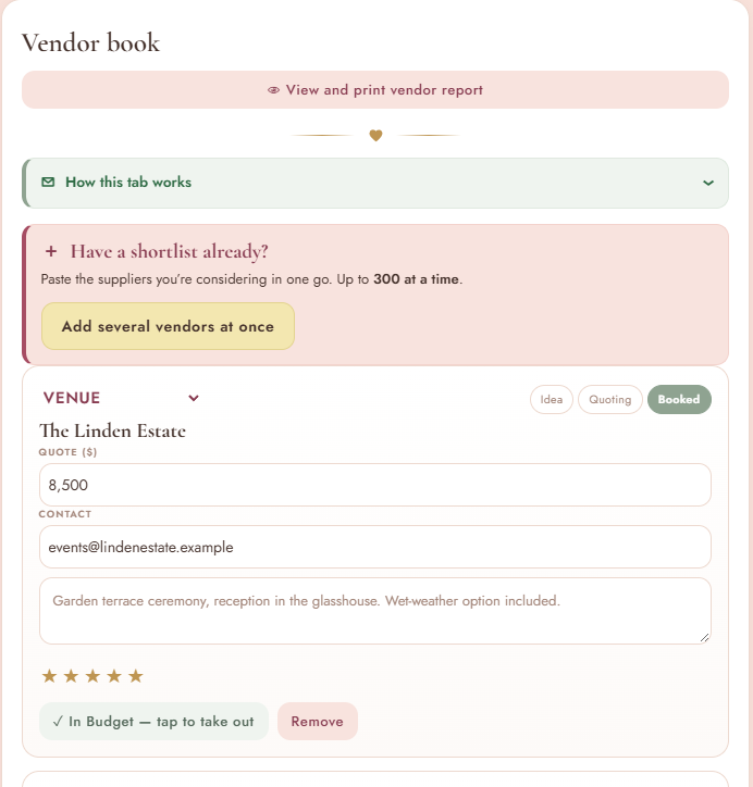 The Ever After Vendor book: The Linden Estate, Venue, quote 8,500, marked Booked, with In Budget, tap to take out
