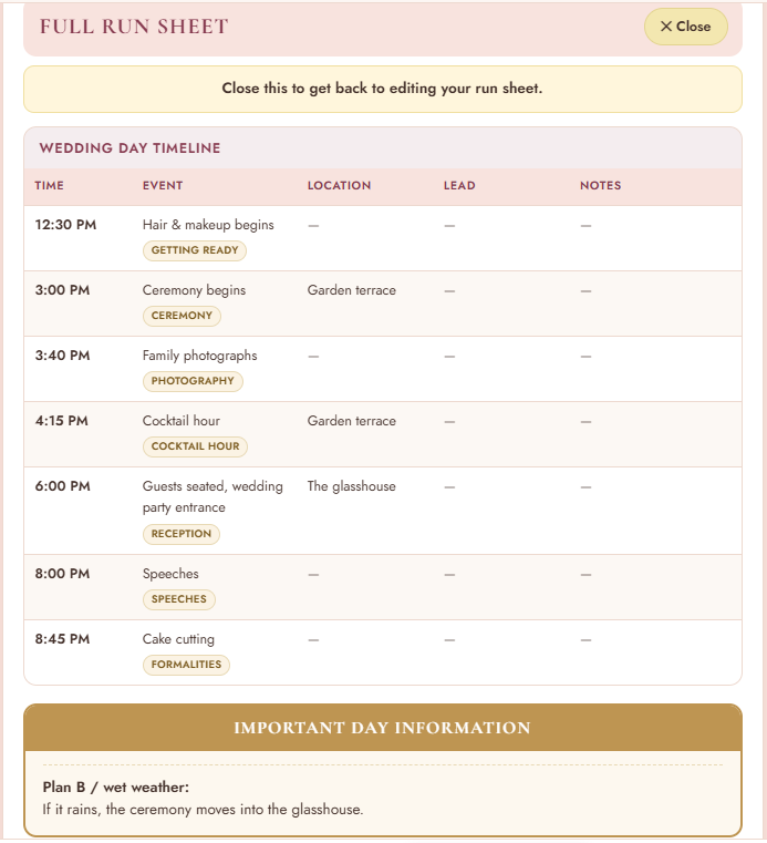 Ever After Full Run Sheet: Wedding Day Timeline from hair and makeup at 12:30 PM to cake cutting at 8:45 PM, with location, lead and notes columns, and Important Day Information: if it rains, the ceremony moves into the glasshouse