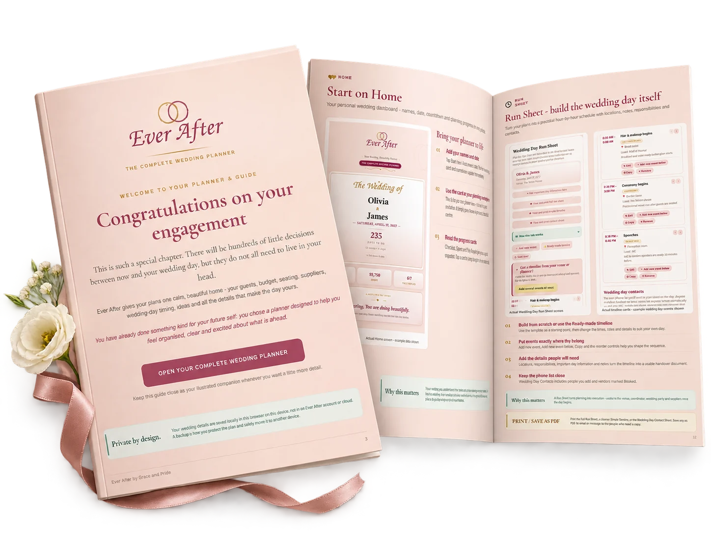 The illustrated Ever After Guide: the cover reading Congratulations on your engagement, and an open spread showing the Start on Home and Run Sheet pages