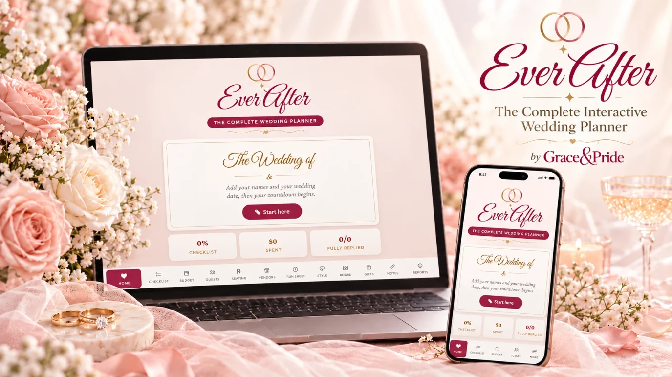 Ever After, The Complete Interactive Wedding Planner by Grace and Pride, shown on a laptop and phone among blush roses, gypsophila and wedding rings