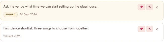A pinned note to ask the venue about setting up the glasshouse, and a first dance shortlist