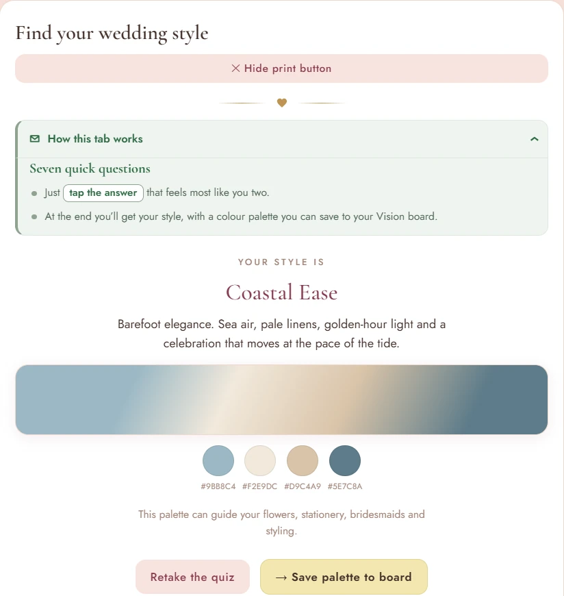 Ever After Style Quiz result: Coastal Ease, with a four-colour palette of sea blue, linen, sand and slate